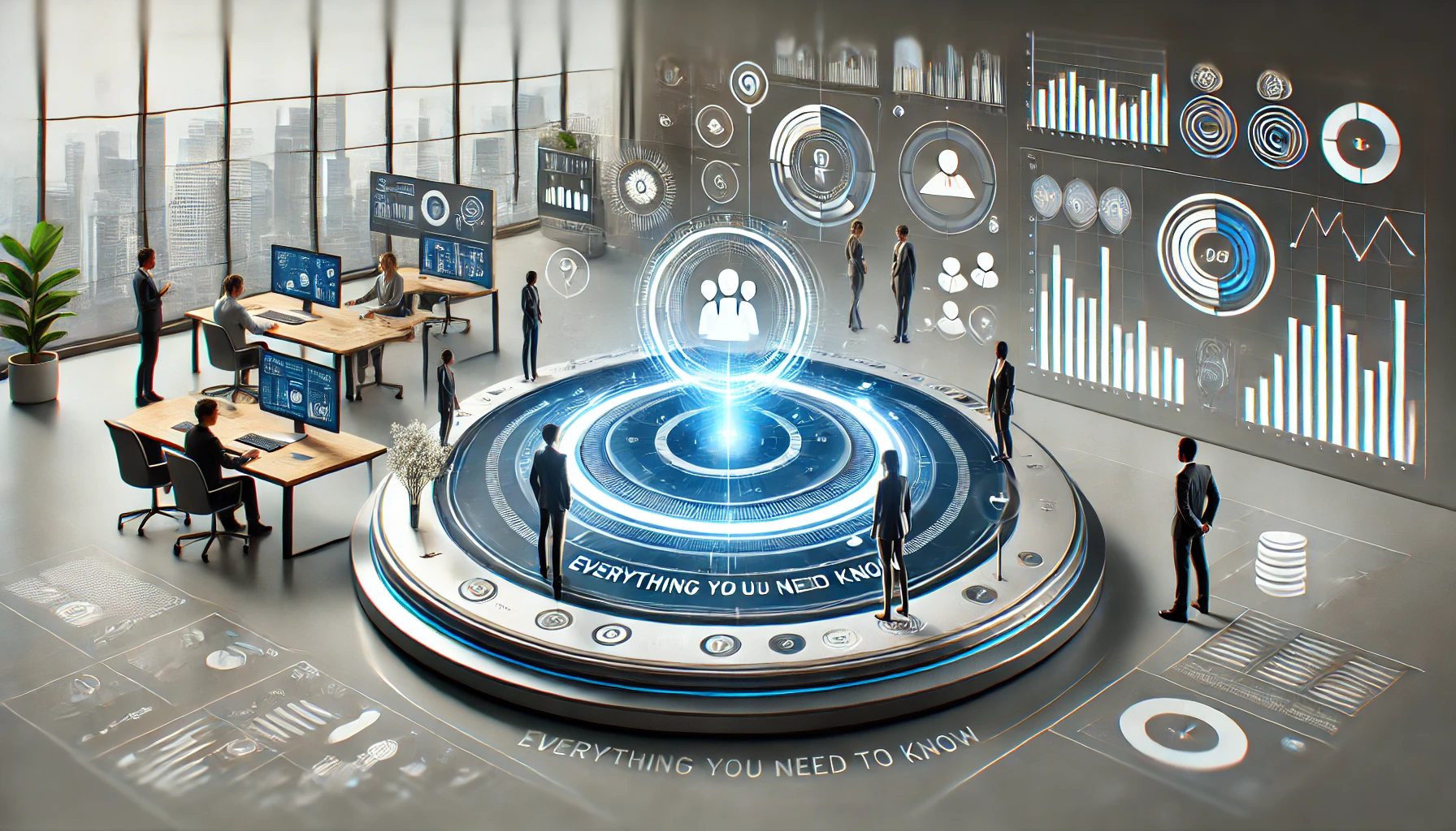 Feature image for a blog about RaterPoint, showcasing a futuristic digital dashboard with charts, graphs, and analytics. The background includes subtle icons for team collaboration and a professional workspace, using a sleek color palette of blue, white, and grey. Overlay text reads 'What Is RaterPoint? Everything You Need to Know