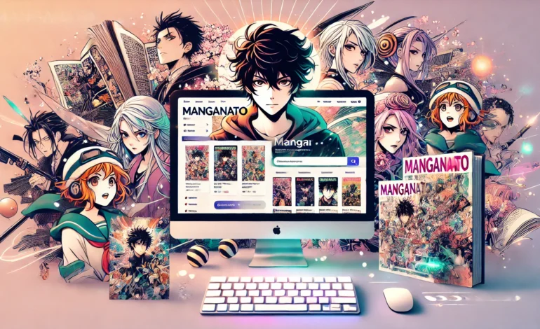 Feature image for a blog about Manganato, showcasing a vibrant collage of manga panels with characters from various genres like action, romance, and fantasy, alongside a sleek interface layout with a glowing search bar and digital book covers