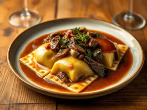 Braised Short Rib Ravioli with Porcini Mushroom Jus